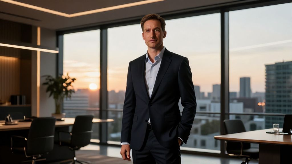 Erfahrener Finanzmentor in warmem Büro-Ambiente berät einen Klienten